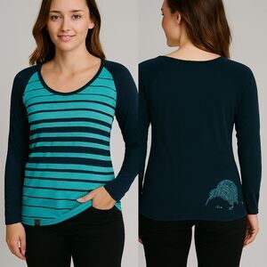 EUC 100% Merino Wool Long Sleeve Top w/ Kiwi graphic Navy Turquoise Striped  XS